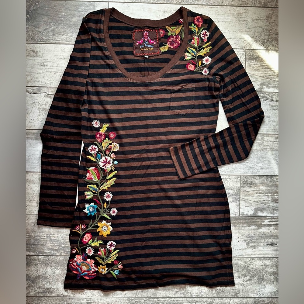 Johnny Was Striped Tunic with Embroidered Flowers